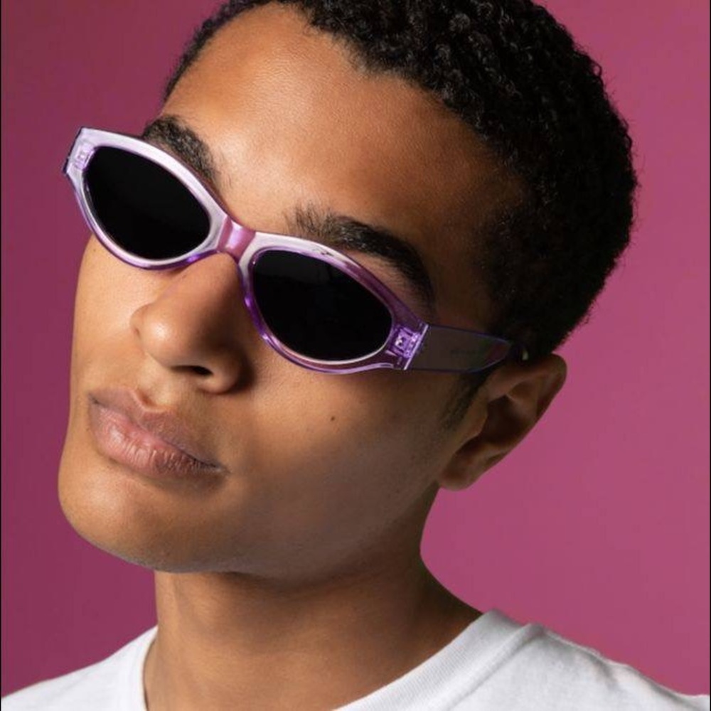 Petals and Peacocks Trendy Caution Sunglasses in Green Radiator and Purple Haze